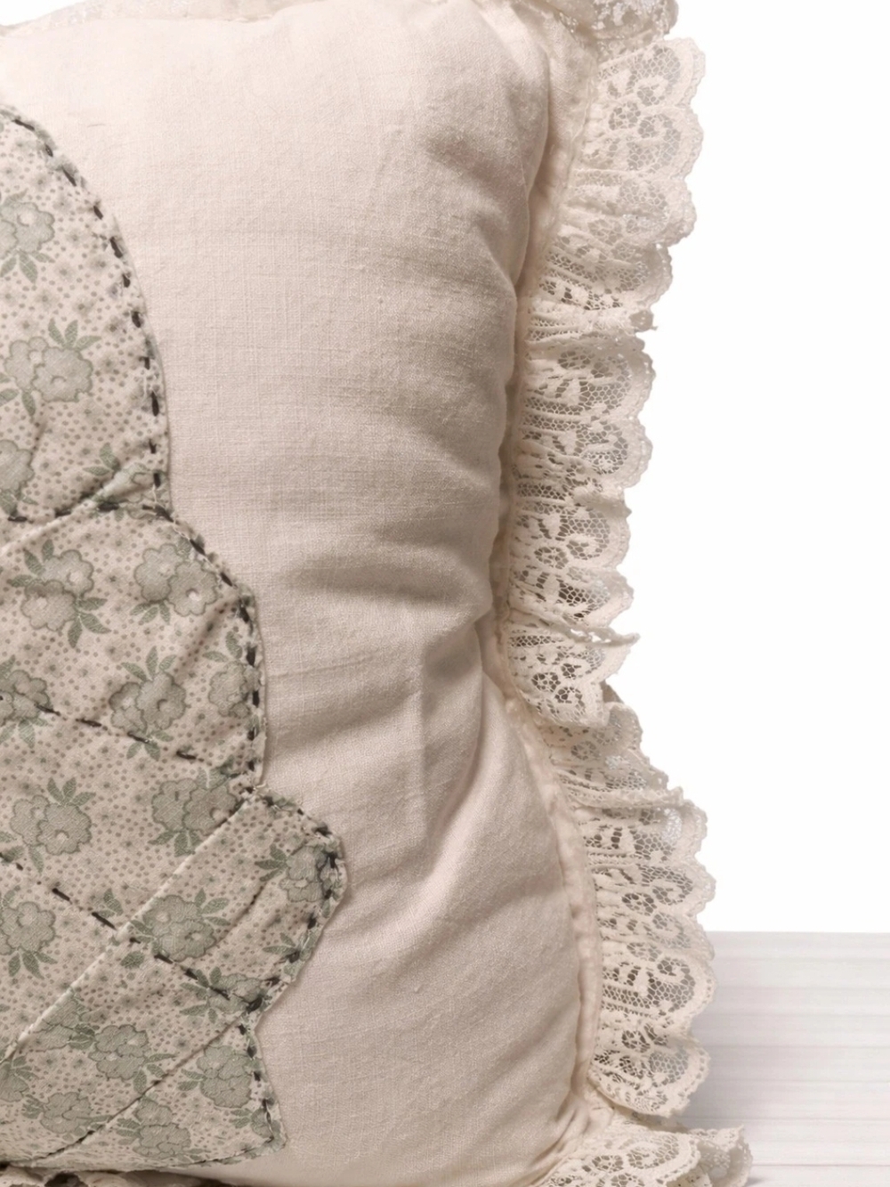 Vintage 1960s Handmade Lace Trim Pillow Butterfly Applique Cottage Decor - Picture 2 of 4